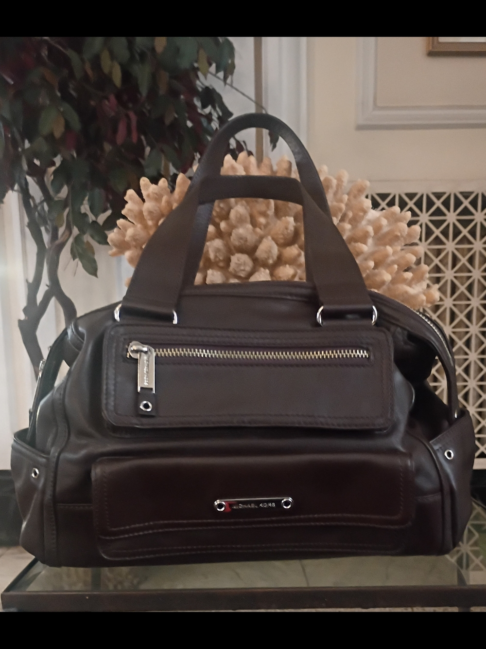 Michael Kors Brown Leather Travel Bag with Silver Hardware